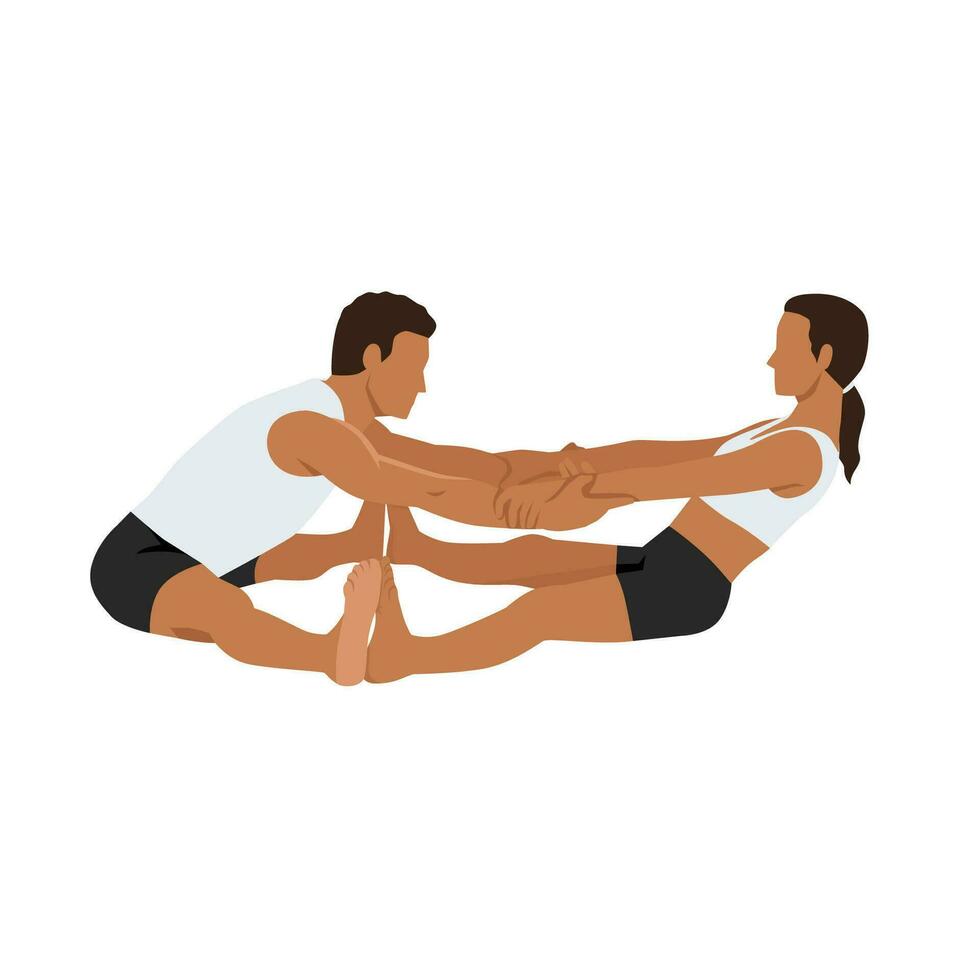 jong paar aan het doen partner vooruit vouwen of ardha uttanasana yoga oefening. vector