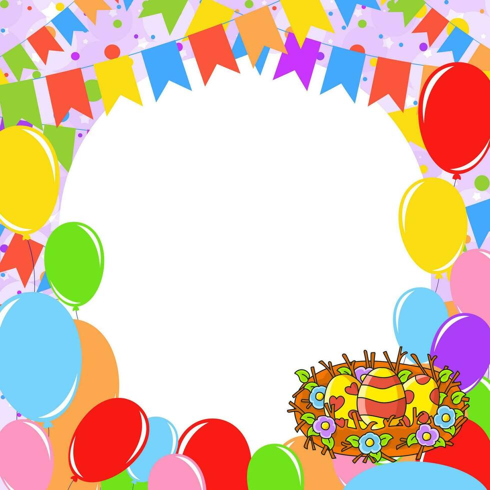 gelukkig verjaardag groet kaart met een schattig tekenfilm karakter. met kopiëren ruimte voor uw tekst. afbeelding Aan de achtergrond van helder ballonnen, confetti en slingers. vector illustratie.