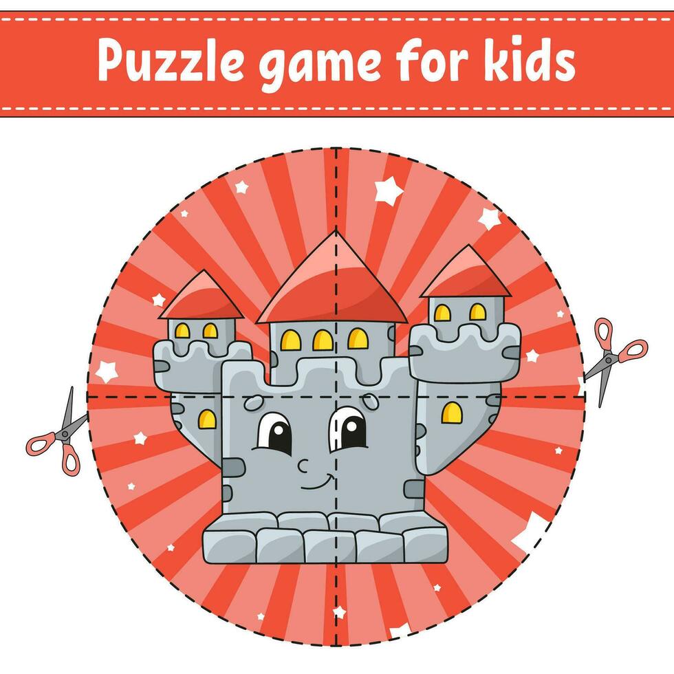 besnoeiing en Speel. ronde puzzel. logica puzzel voor kinderen. werkzaamheid bladzijde. snijdend praktijk voor peuter. tekenfilm karakter. vector illustratie.