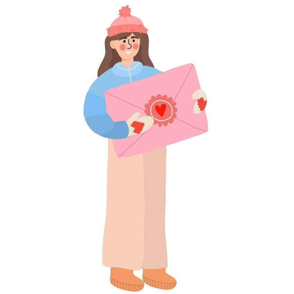 vrouw houden een groot liefde brief. vrouw ontvangen liefde brief. Valentijnsdag dag concept. vector