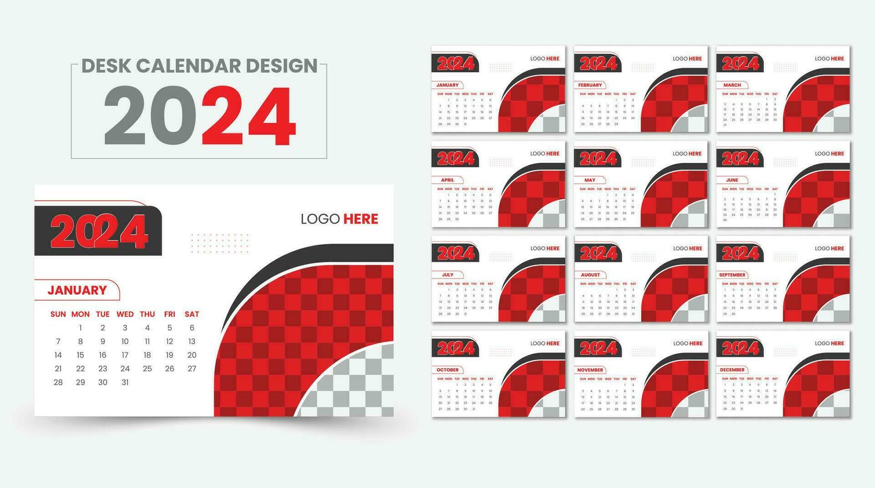 gemakkelijk en creatief rood bureau kalender ontwerp voor kantoor. kalender ontwerp 2024. vector