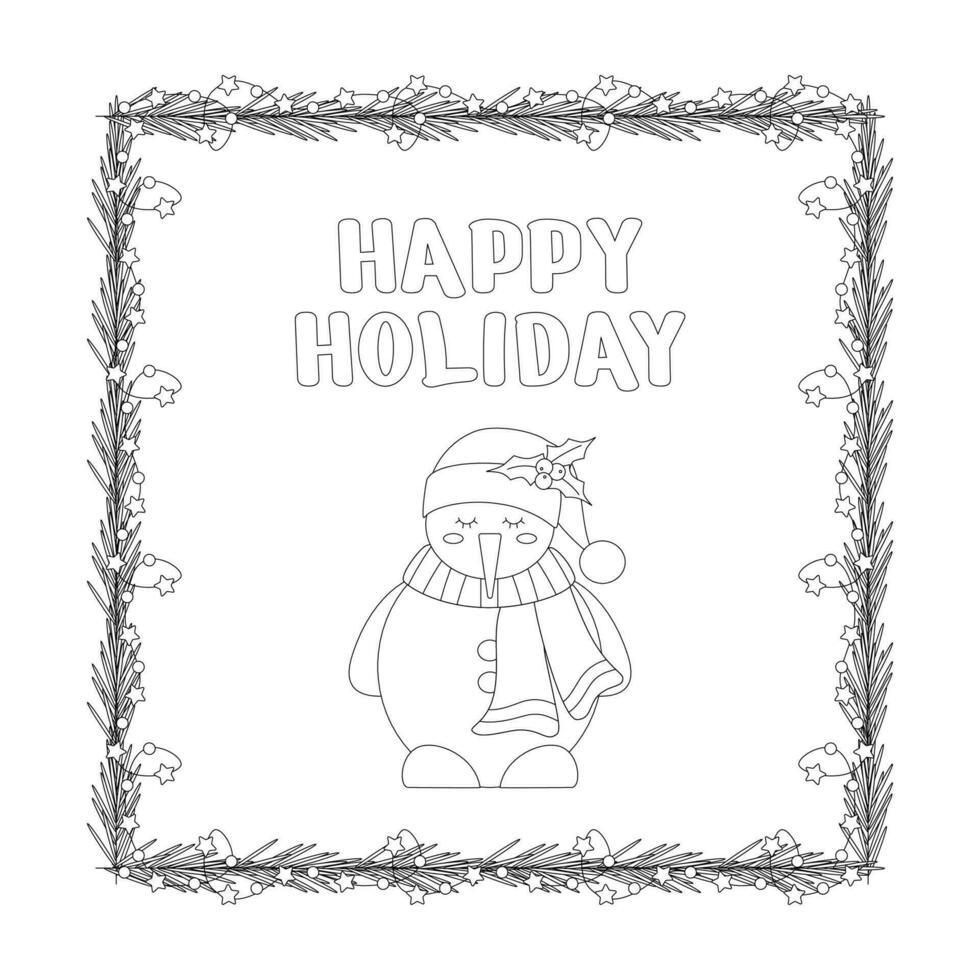 Kerstmis belettering, tekst gelukkig vakantie en sneeuwman, kader, slinger met licht bollen, boom Afdeling. vector