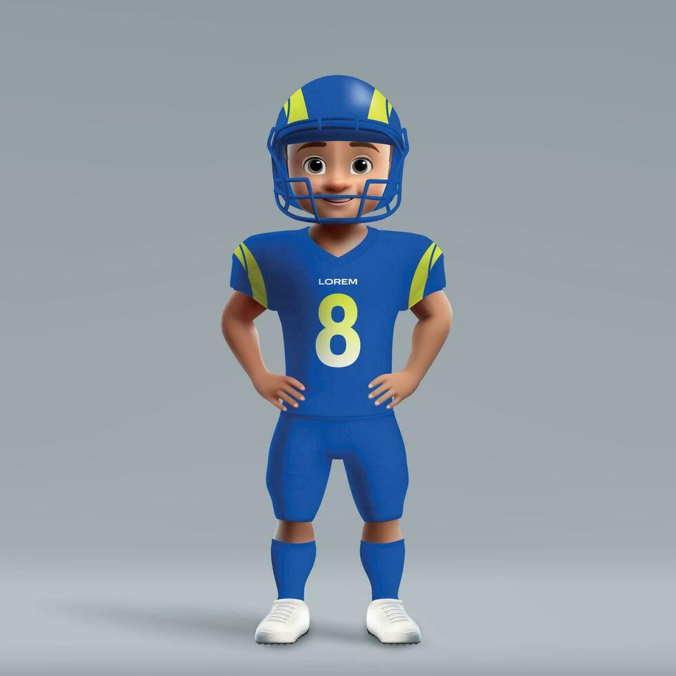 3d tekenfilm schattig jong Amerikaans Amerikaans voetbal speler in uniform. vector