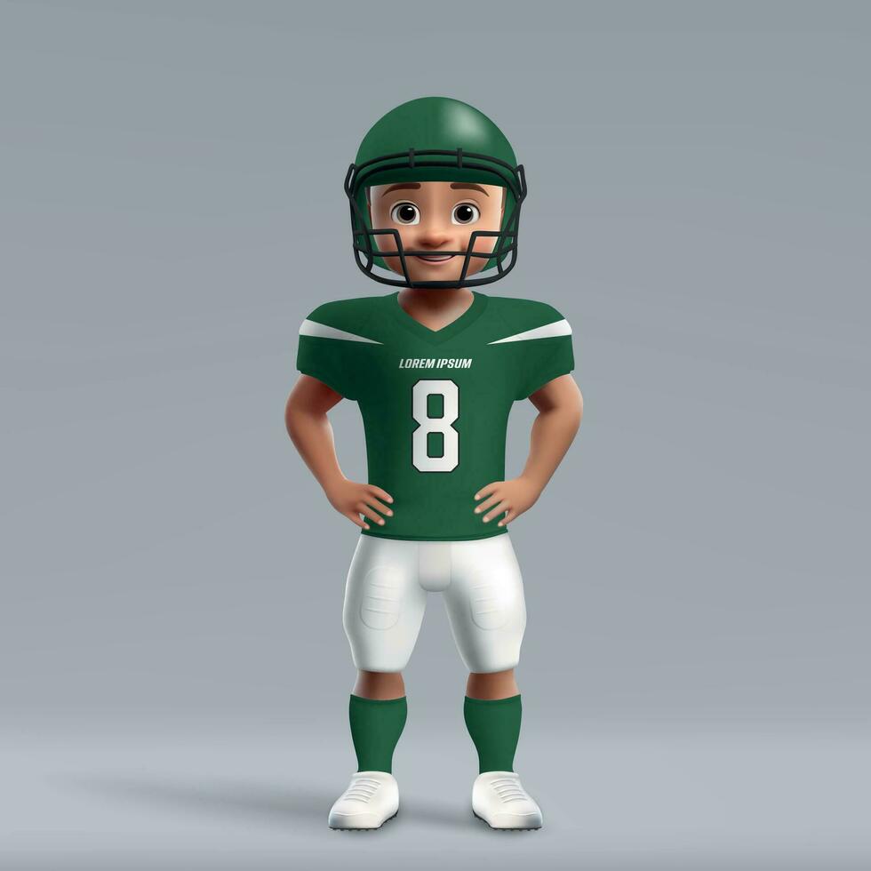 3d tekenfilm schattig jong Amerikaans Amerikaans voetbal speler in uniform. vector