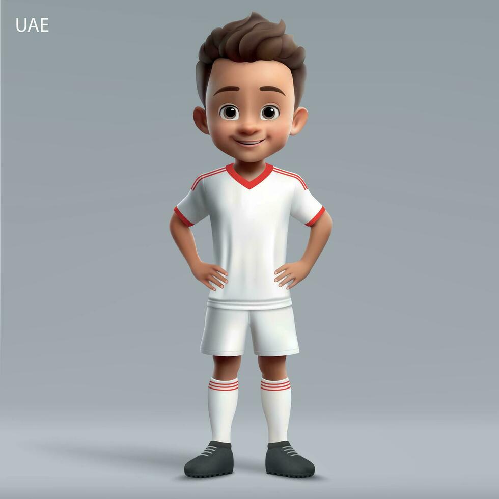 3d tekenfilm schattig jong voetbal speler in Verenigde Arabisch emiraten nationaal team uitrusting vector