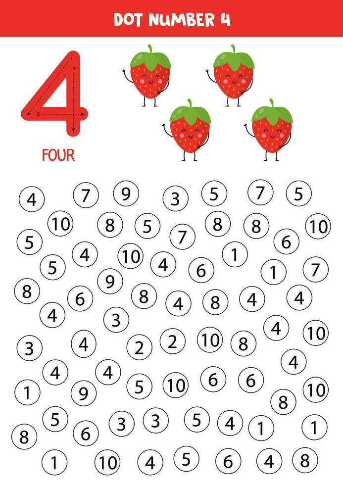 vind en punt aantal vier. aan het leren aantal 4 met schattig aardbeien. leerzaam werkblad. vector