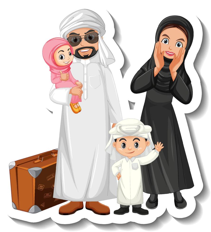 gelukkige arabische familie stripfiguur sticker op witte achtergrond vector