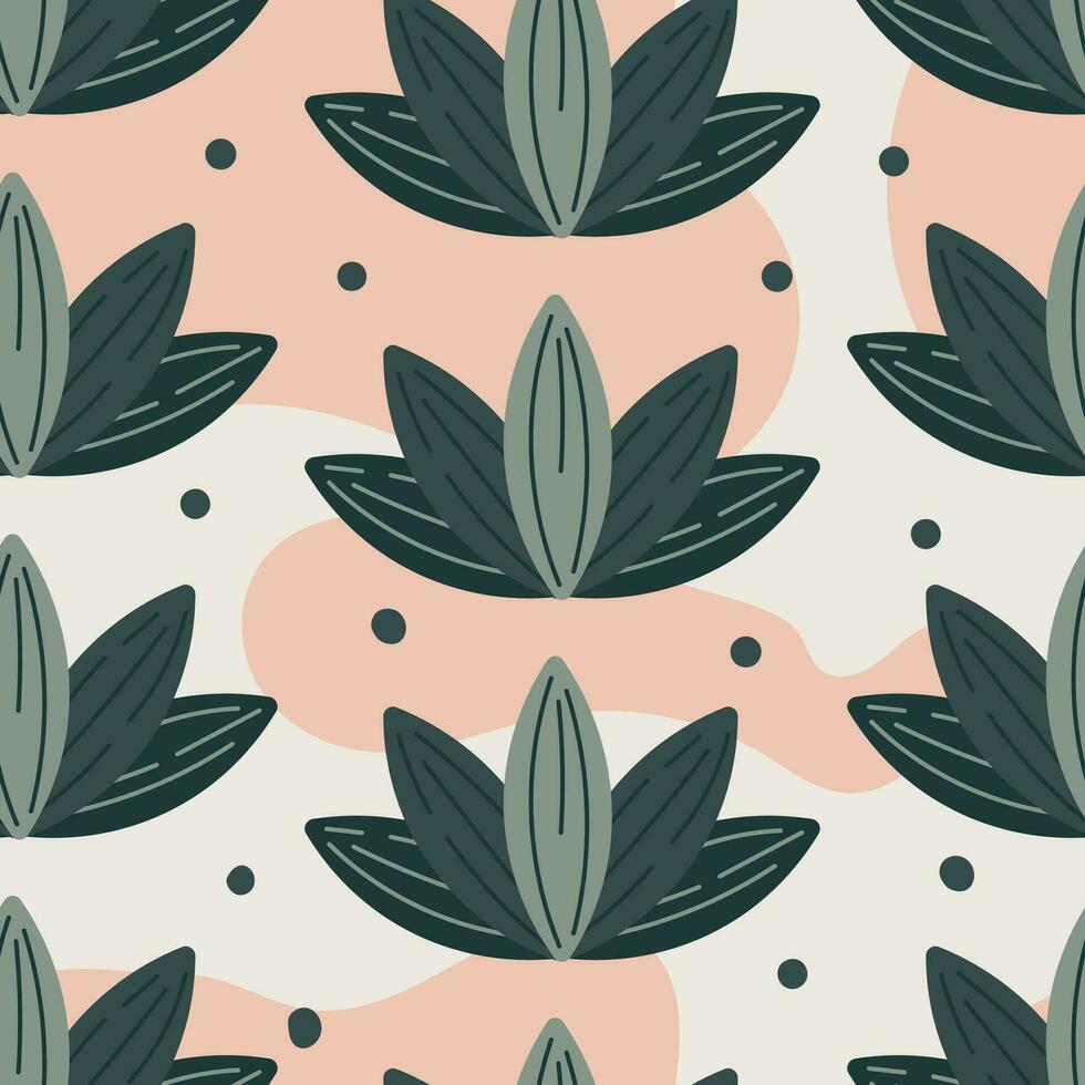 vlak groen lotus bloem met bladeren. vector naadloos boho abstract patroon.