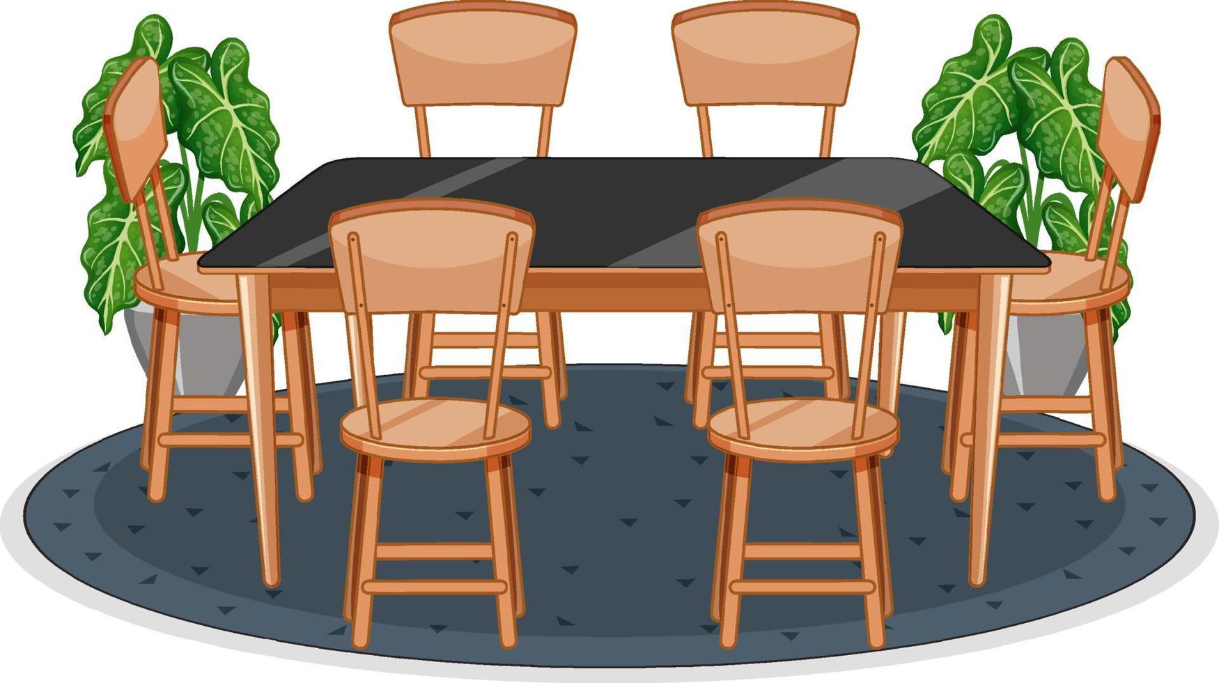 tafel en zes stoelen op tapijt vector