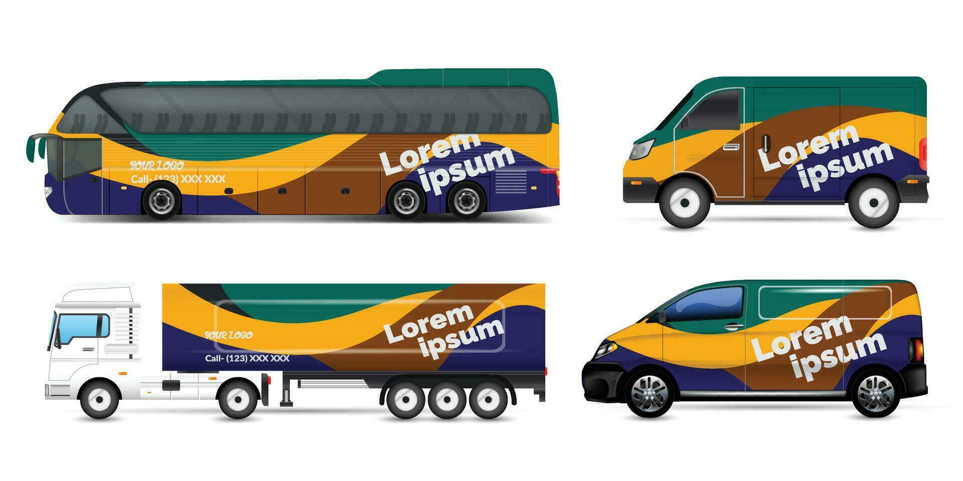 vector auto identiteit sjabloon ontwerp reeks van trainer promo tour bus, lading bestelwagen, en reclame auto geïsoleerd Aan grijs. abstract hi-tech technologie meetkundig elementen voor merk identiteit en reclame