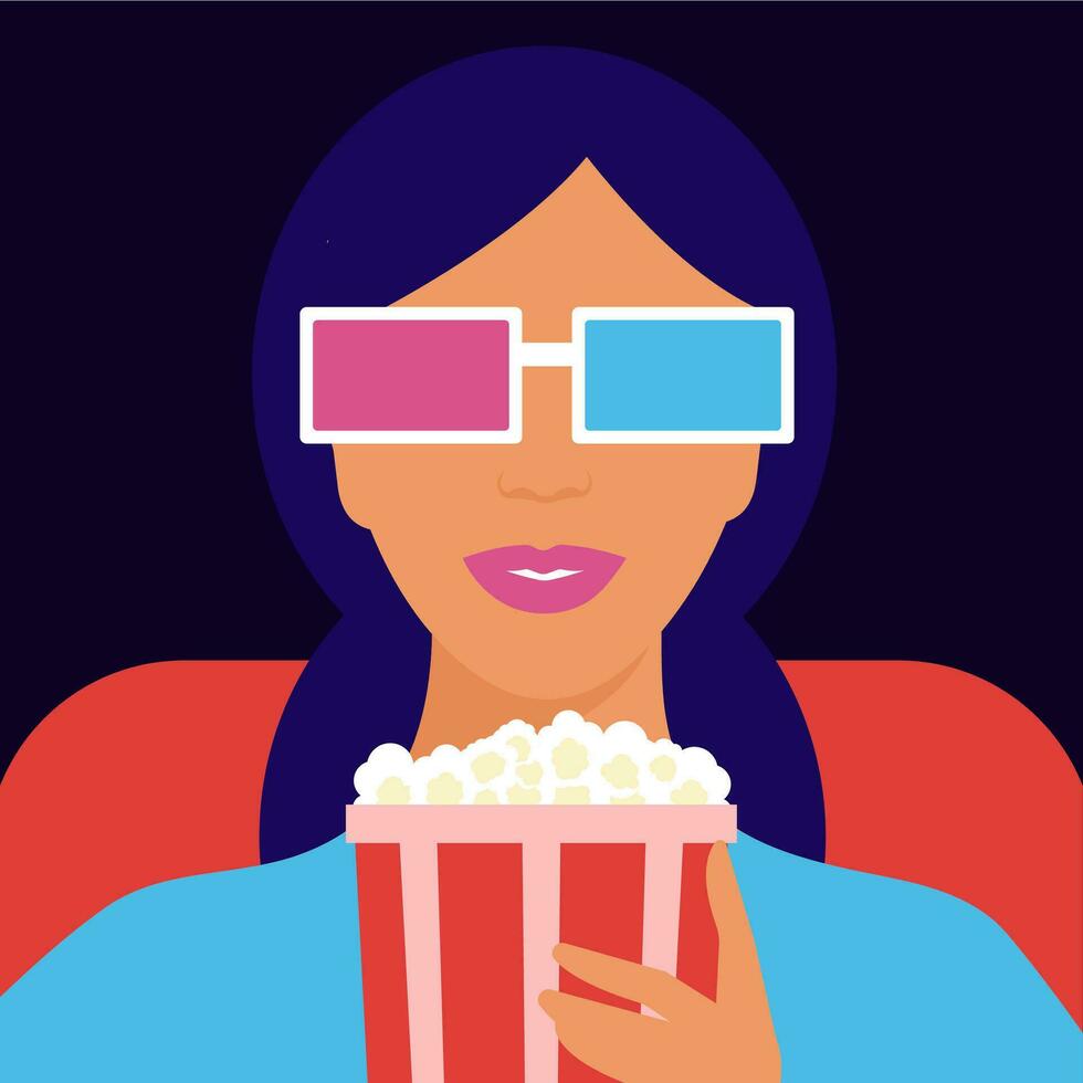 jong vrouw portret in bioscoop met popcorn emmer in haar hand- en 3 d bril. voorkant visie. vector