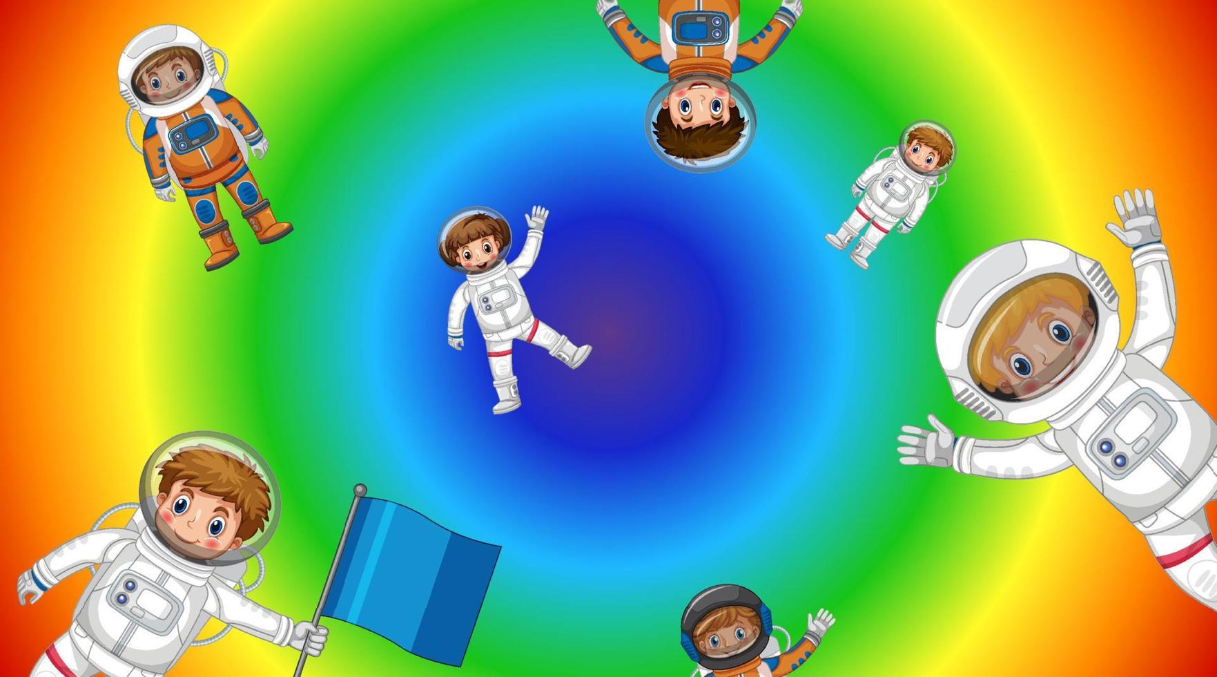 astronautenkinderen die op een regenbooggradiëntachtergrond vliegen vector