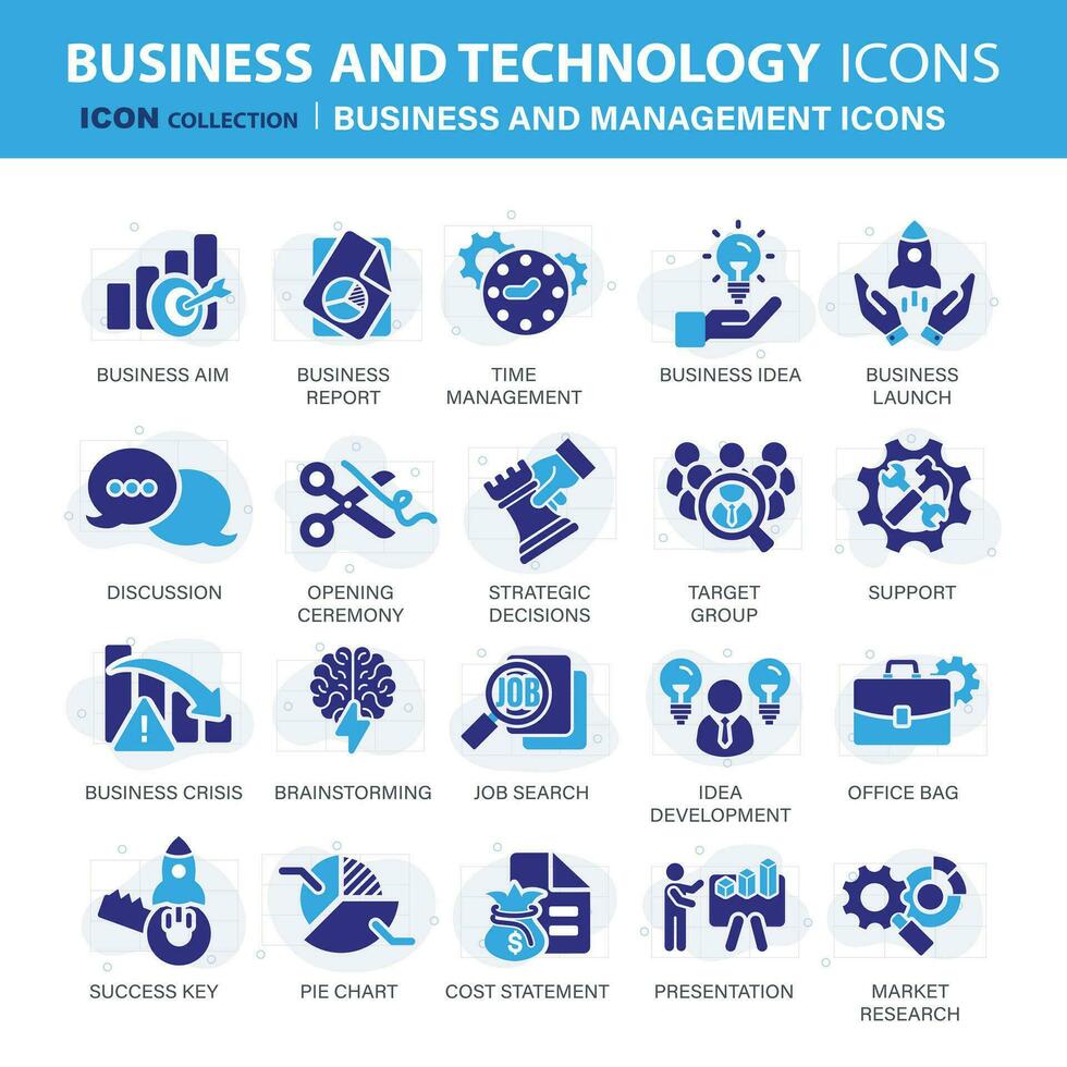 bedrijf en marketing, beheer, vind functie, ontmoeting, samenspel verzameling. reeks van blauw pictogrammen set. vlak vector illustratie
