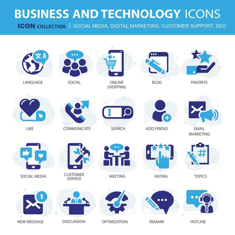 bedrijf, gegevens analyse, organisatie beheer pictogrammen. sociaal media, digitaal marketing, klant ondersteuning en seo icoon set. vector icoon verzameling