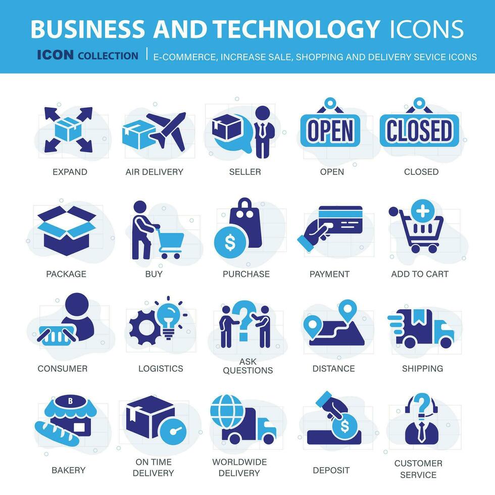 e-commerce, toenemen uitverkoop, Aan lijn boodschappen doen en digitaal financiën icoon verzameling. vlak vector illustratie