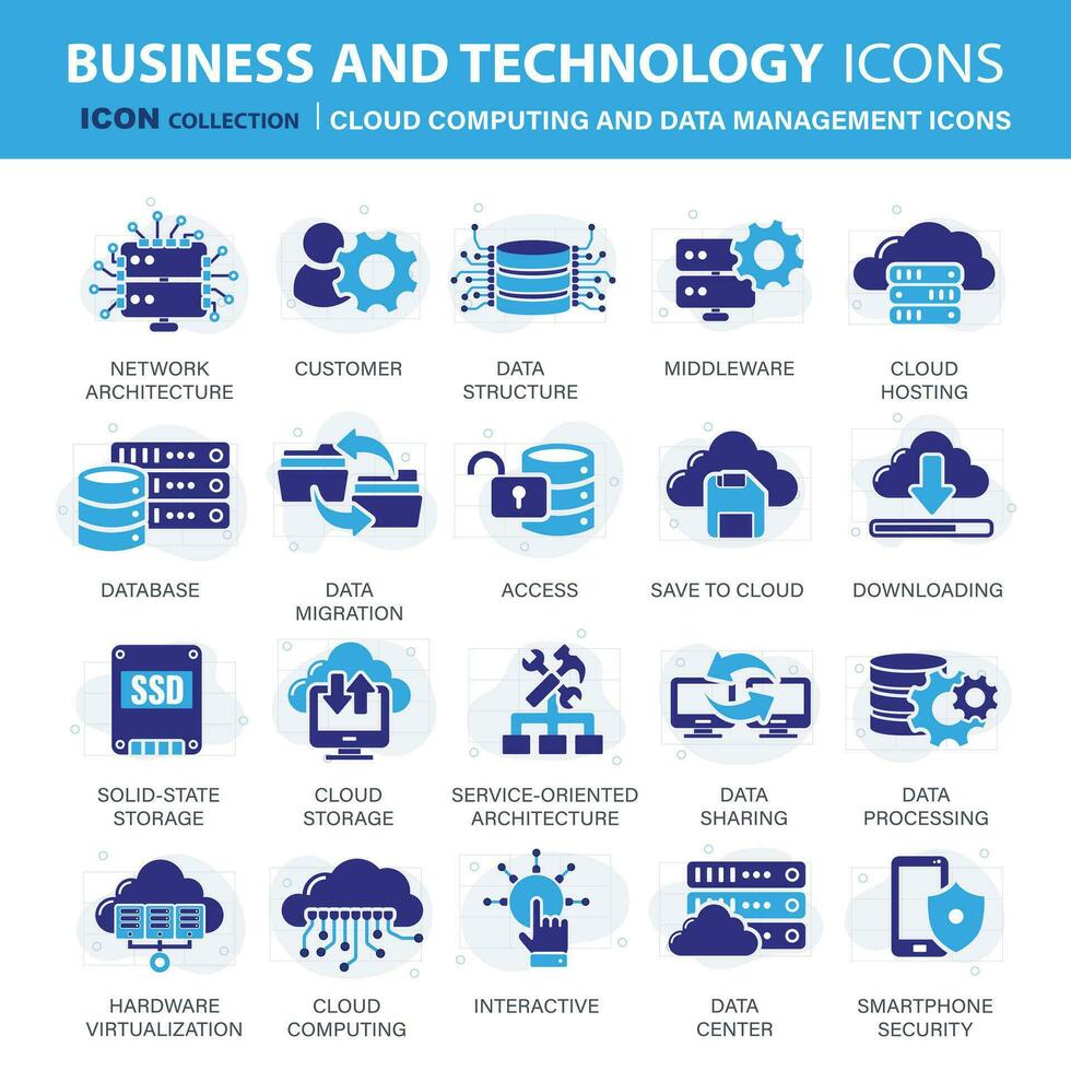 technologie, wolk berekenen en gegevens beheer icoon set. mobiel, computergebruik, verbindingen, wolk en netwerken icoon set. pictogrammen vector verzameling