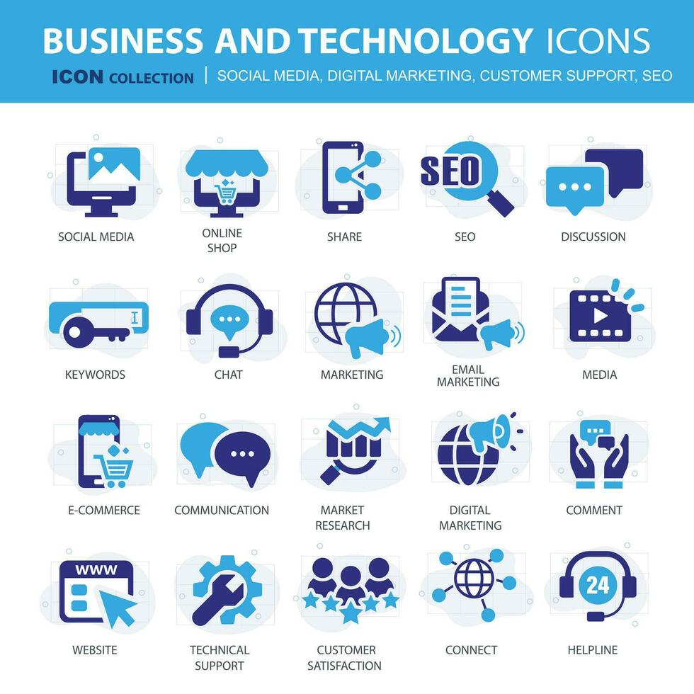 bedrijf, gegevens analyse, organisatie beheer pictogrammen. sociaal media, digitaal marketing, klant ondersteuning en seo icoon set. vector icoon verzameling