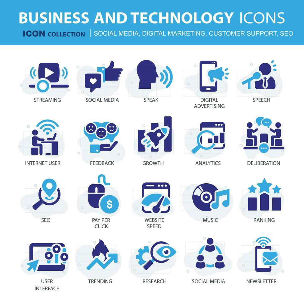 bedrijf, gegevens analyse, organisatie beheer pictogrammen. sociaal media, digitaal marketing, klant ondersteuning en seo icoon set. vector icoon verzameling