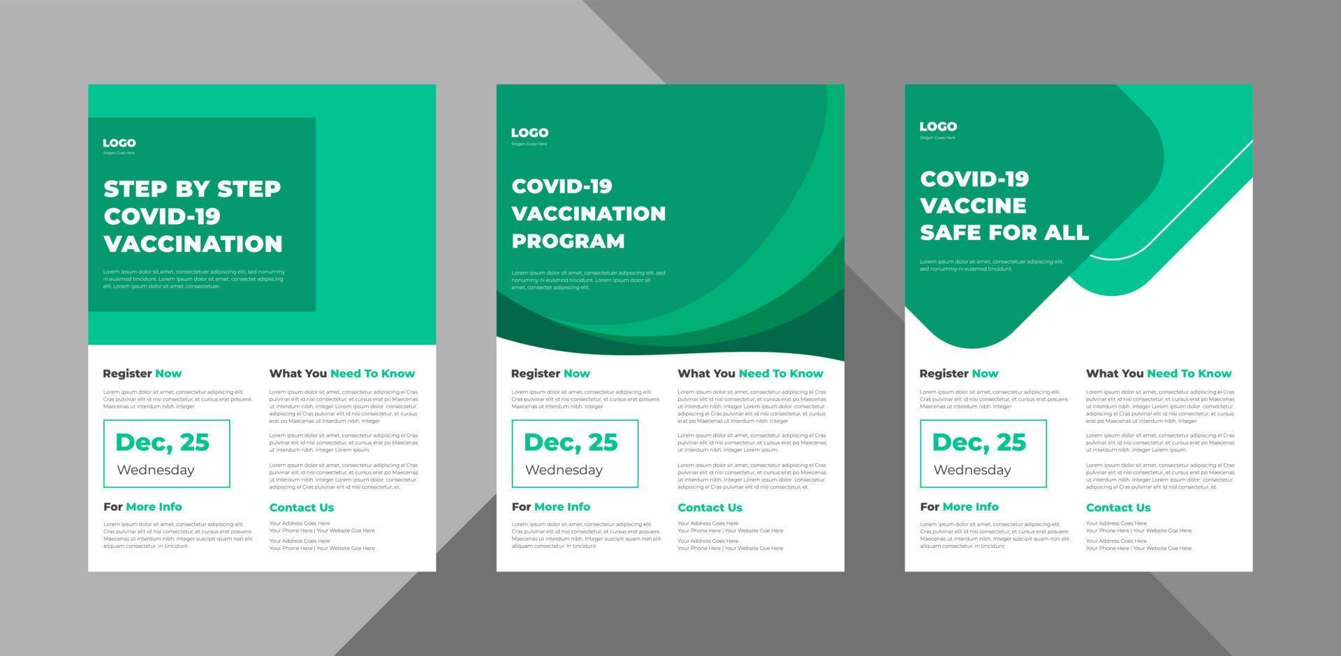 covid-19 vaccinatieprogramma flyer ontwerpsjabloon bundel. coronavirus vaccinatie poster folder 3 in 1 ontwerp. bundel, 3 in 1, a4 sjabloon, brochureontwerp, omslag, flyer, poster, drukklaar vector