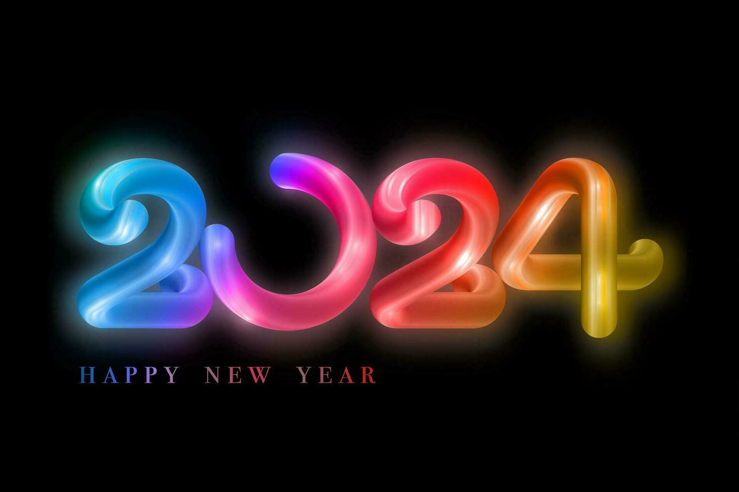 gelukkig nieuw jaar 2024 banier gekleurde gloed neon buis. gelukkig vakantie gloeiend feestelijk lichtgevend getallen in veelkleurig ontwerp, vector illustratie geïsoleerd Aan een zwart achtergrond
