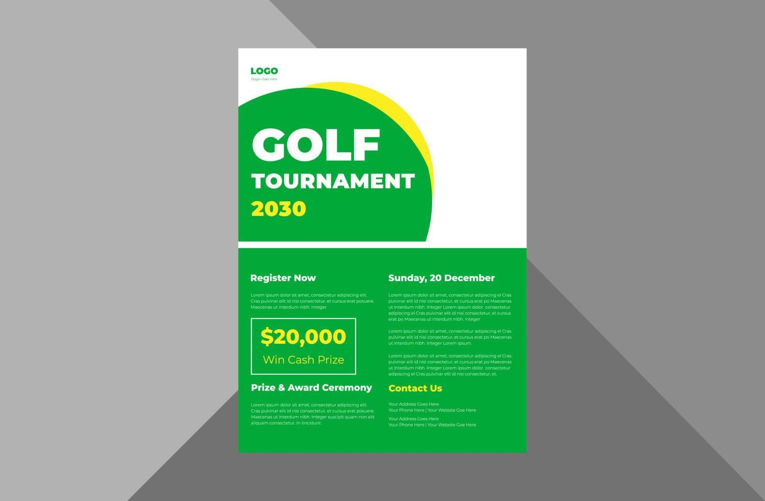 golftoernooi folder sjabloon. golfsport spel tijd poster folderontwerp. a4 sjabloon, brochureontwerp, omslag, flyer, poster, drukklaar vector