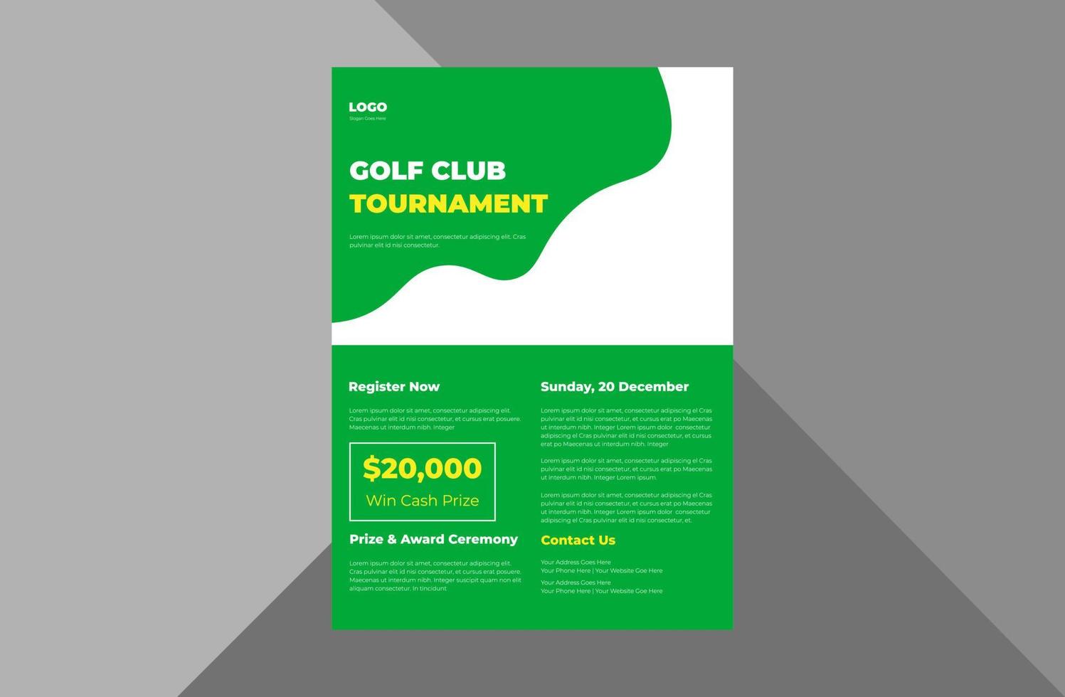 golftoernooi folder sjabloon. golfsport spel tijd poster folderontwerp. a4 sjabloon, brochureontwerp, omslag, flyer, poster, drukklaar vector