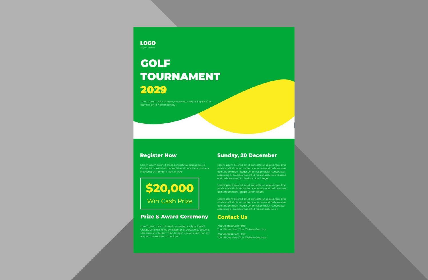 golftoernooi folder sjabloon. golfsport spel tijd poster folderontwerp. a4 sjabloon, brochureontwerp, omslag, flyer, poster, drukklaar vector