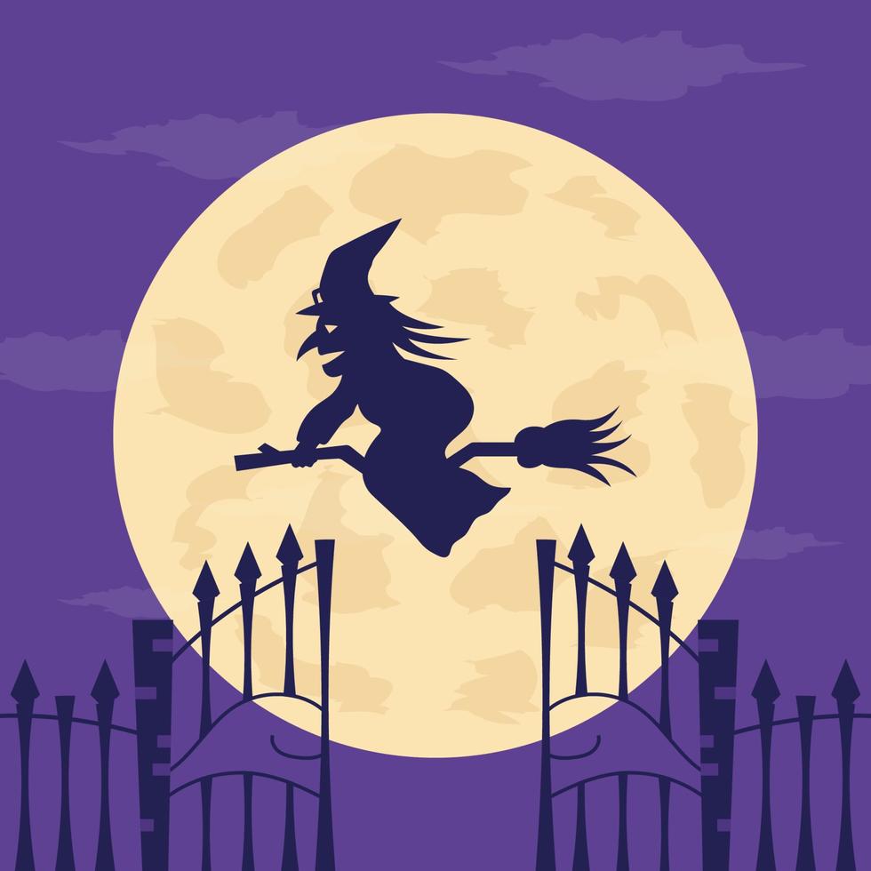 gelukkig halloween-banner of wenskaartconcept met heks die over de maan vliegt. vector