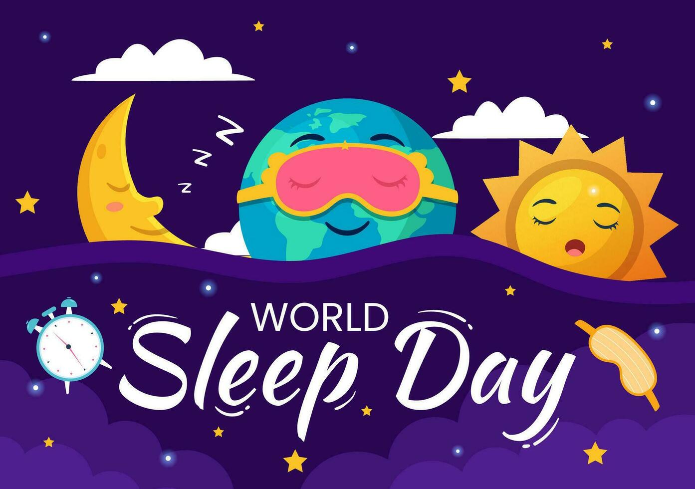 wereld slaap dag vector illustratie Aan maart 17 met mensen slapen, wolken, planeet aarde en de maan in lucht achtergronden vlak tekenfilm ontwerp