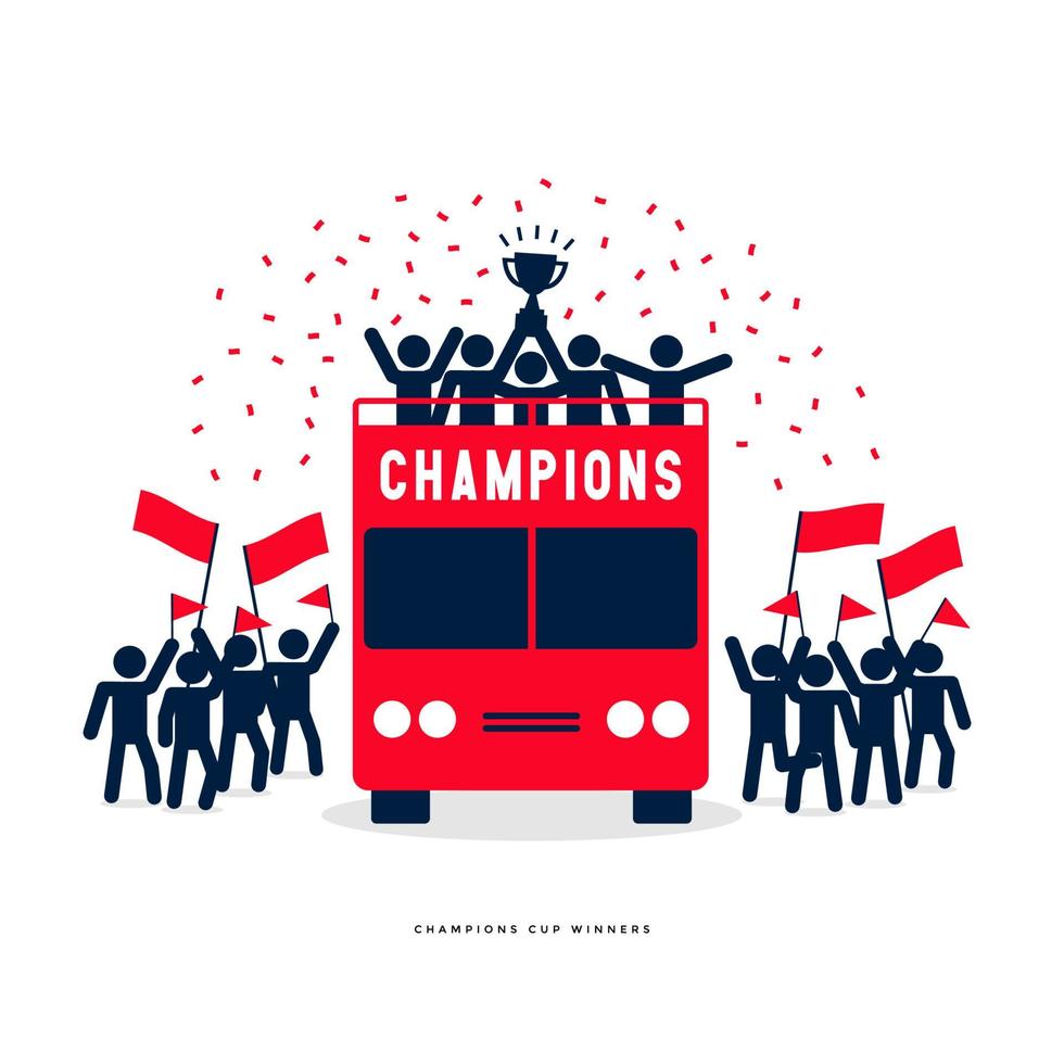 stokcijfers van de winnaar beker voetbal of voetbal kampioenen viering op de bussen met open dak. vector