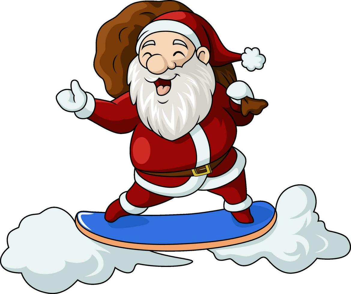 schattig de kerstman claus tekenfilm rijden snowboard vector