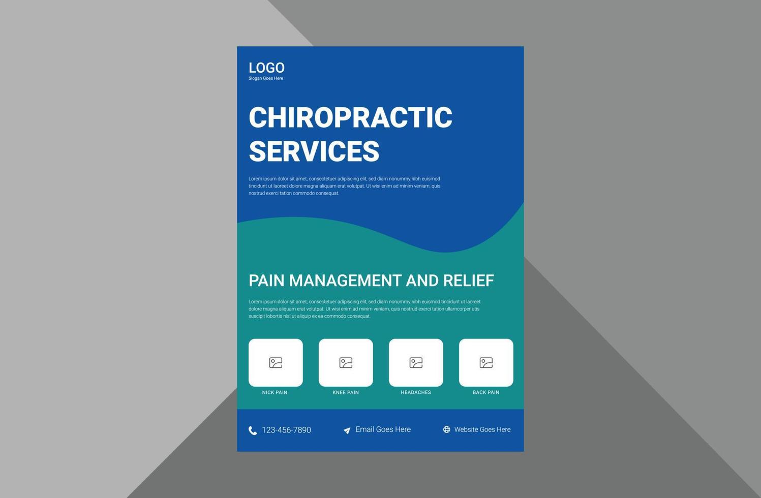 chiropractische diensten kliniek flyer ontwerp. gezondheidszorg kliniek service poster folder ontwerp. a4 sjabloon, brochureontwerp, omslag, flyer, poster, drukklaar vector