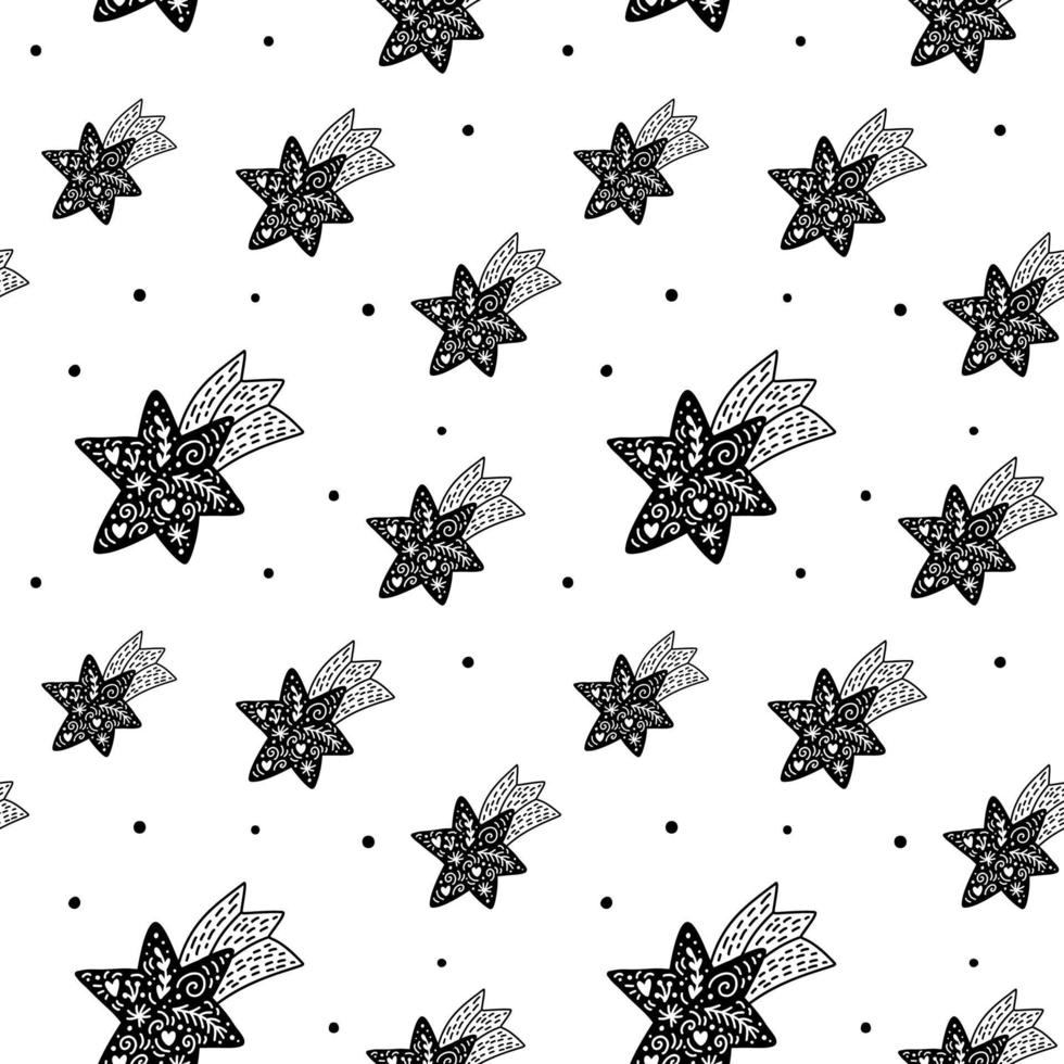 vector kerst Scandinavische naadloze patroon met sterren. abstracte hand getrokken lijnen textuur tekening. zwarte verf penseelstreken op witte achtergrond. inpakpapier, behangvulling