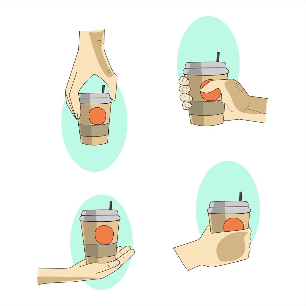 hand houden een koffiekopje met de hand getekend, lijntekening geïsoleerd symbool op witte achtergrond vector