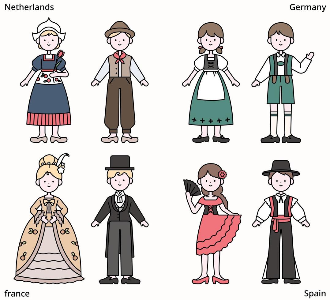 schattige personages dragen traditionele kleding van over de hele wereld. vector