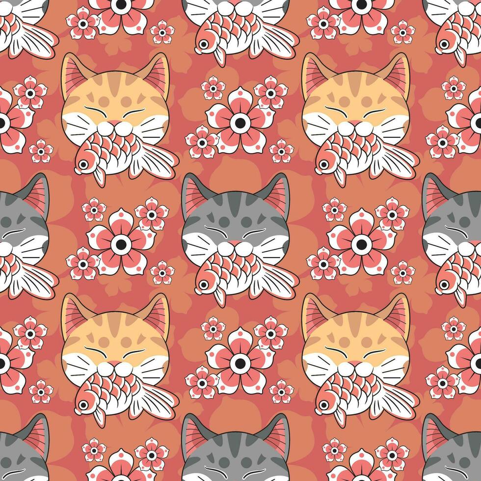 Japans stijl grijs en oranje kat is bijten een koi vis met bloemen naadloos patroon ontwerp. vector