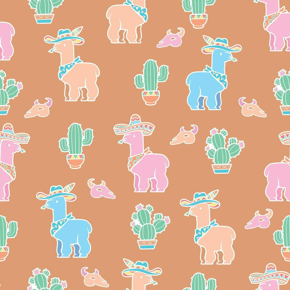 schattig kleurrijk alpaca is vervelend sombrero met cactus fabriek vlak naadloos patroon. vector