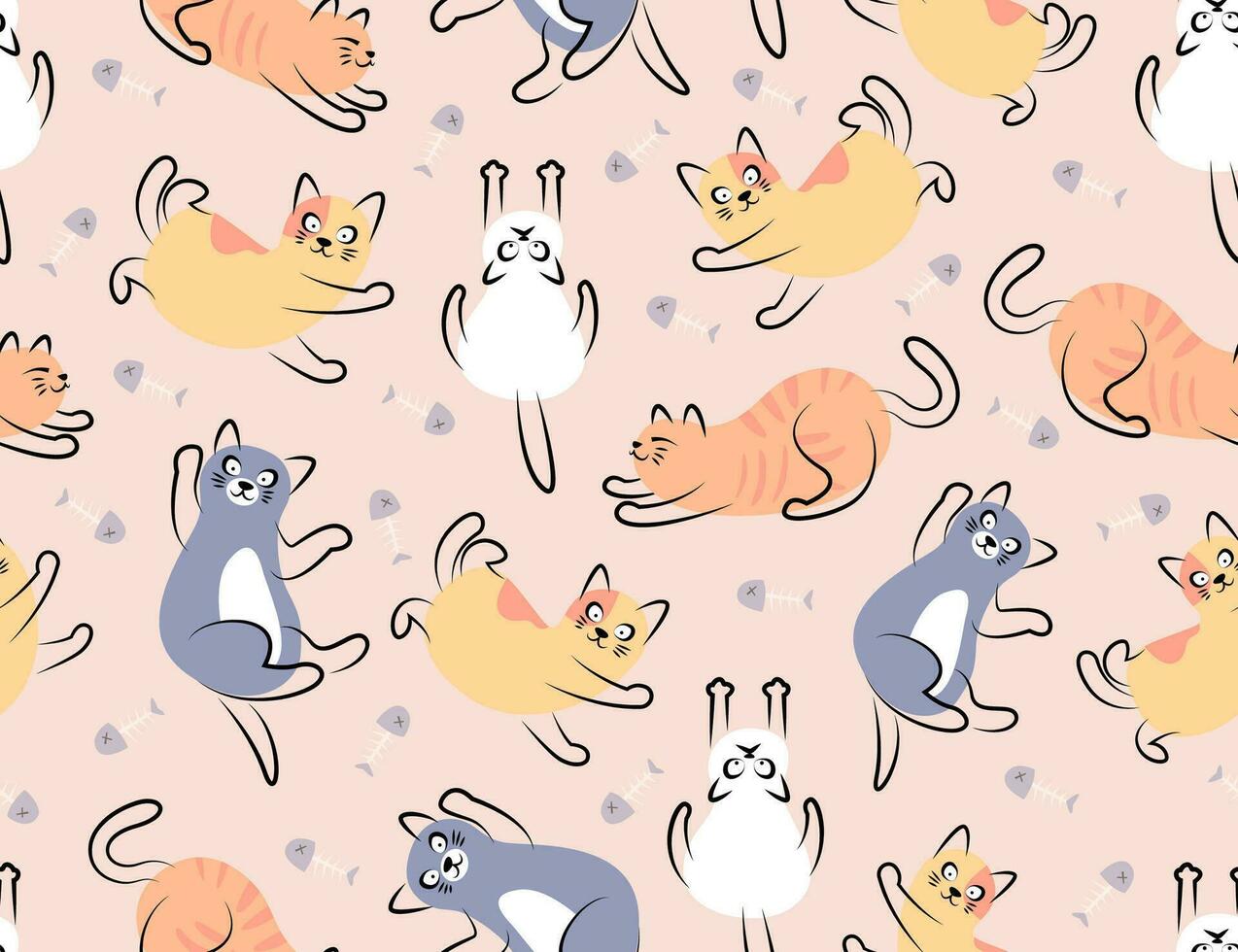 schattig katten in sommige verschillend poses en kleuren vlak naadloos patroon. premie vector. vector