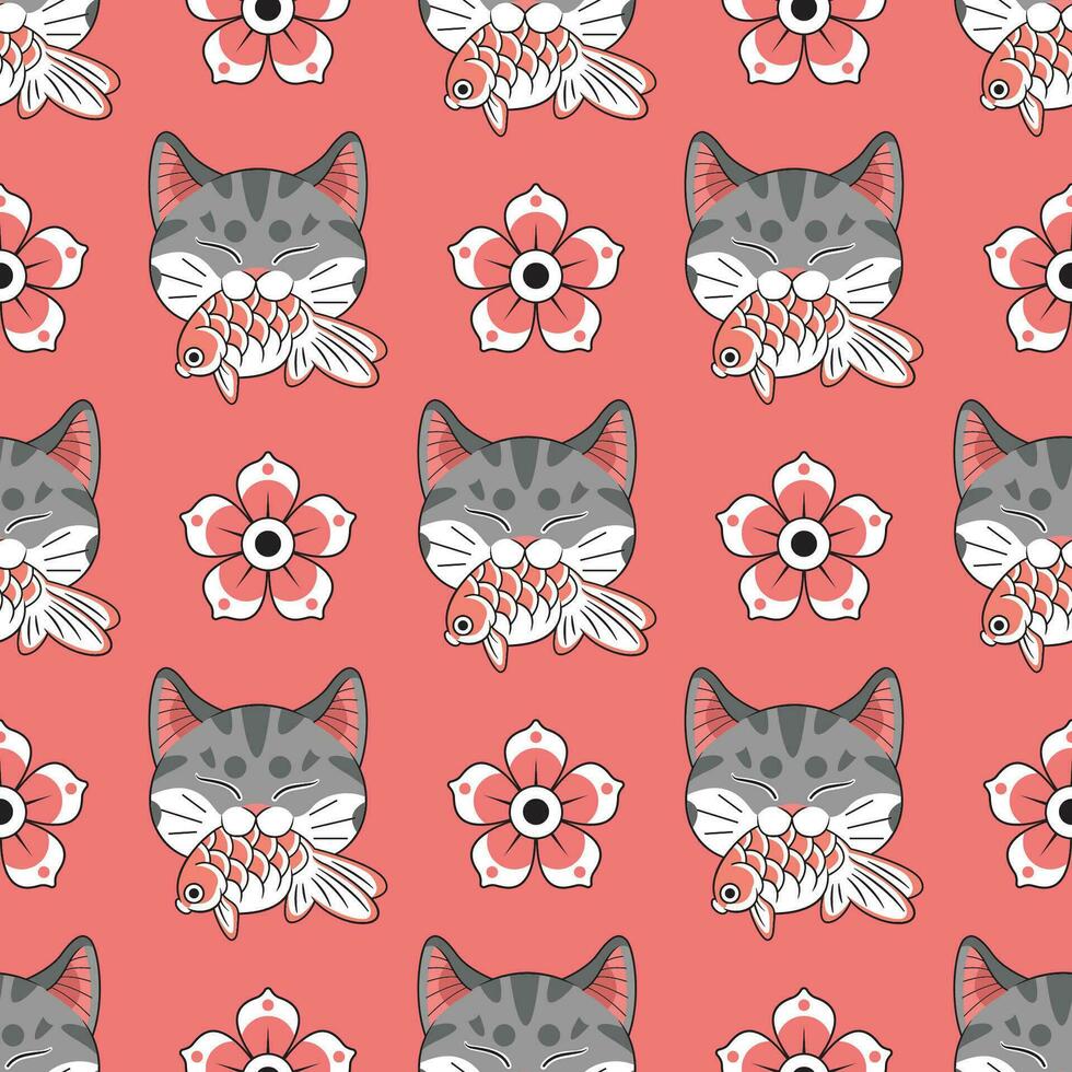 Japans stijl grijs kat is bijten een koi vis met bloemen in rood achtergrond naadloos patroon. vector