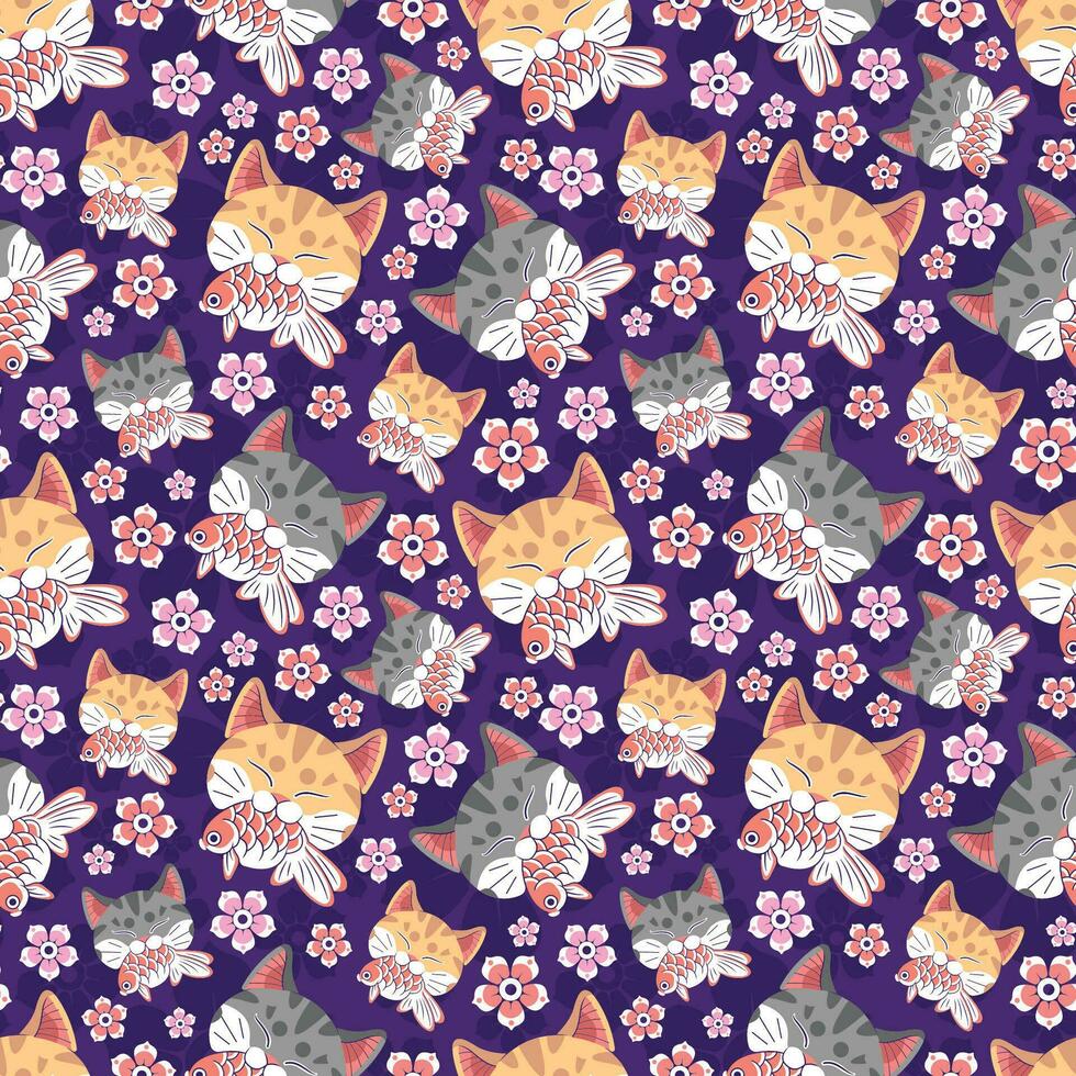 Japans stijl grijs en oranje kat hoofd is bijten een koi vis met bloemen in paars achtergrond naadloos patroon ontwerp. vector