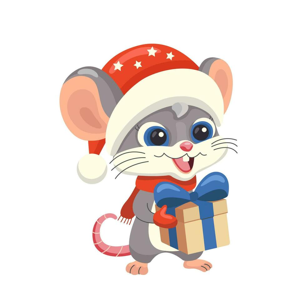 schattig weinig gelukkig muis in de kerstman claus hoed Holding nieuw jaren geschenk met boog. vector illustratie Aan de Kerstmis thema met een tekenfilm karakter. vrolijk Kerstmis en nieuw jaar groet kaart.