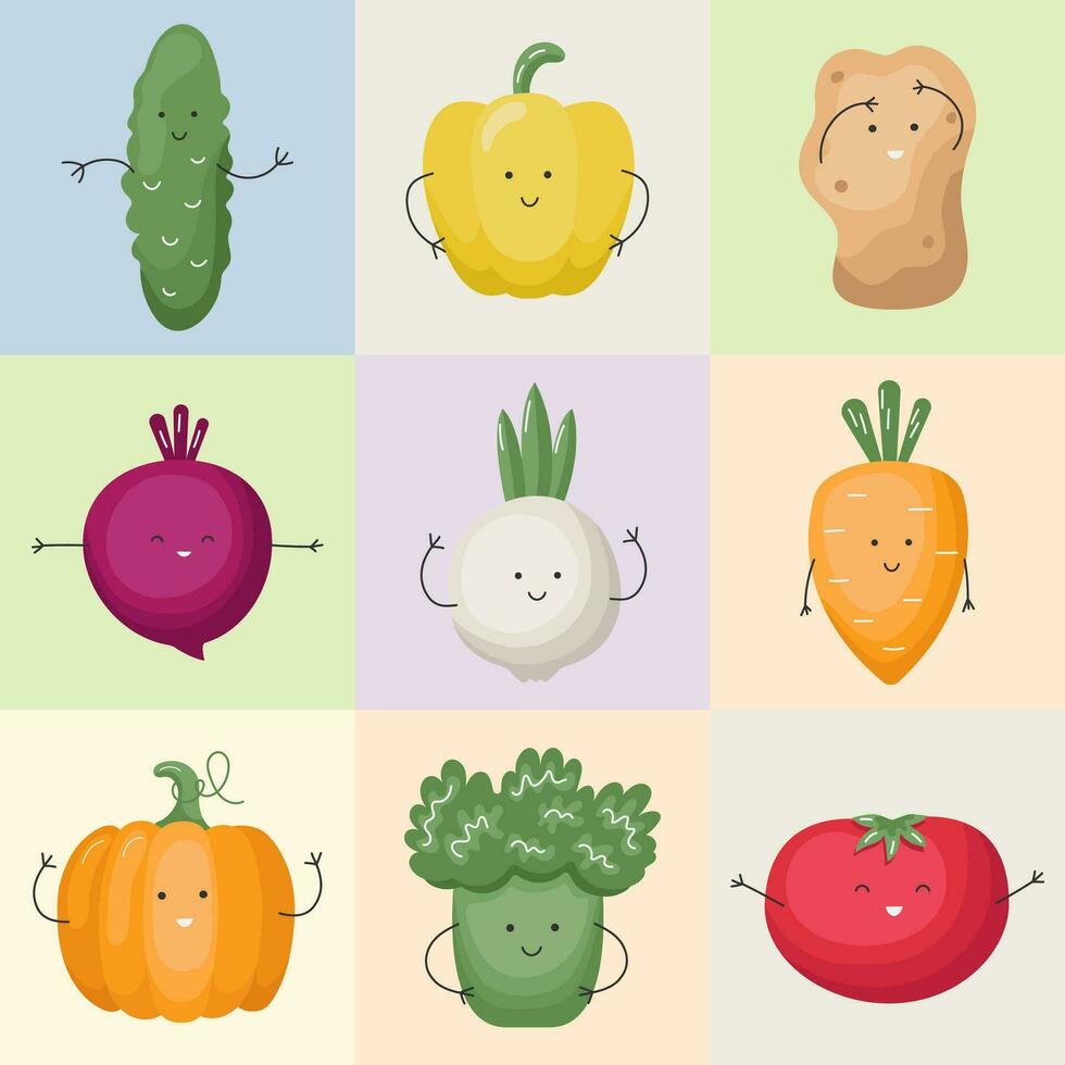 vector meetkundig patroon met voedsel schattig grappig karakters. tekenfilm modieus groenten patroon in een geruit achtergrond. vlak illustratie
