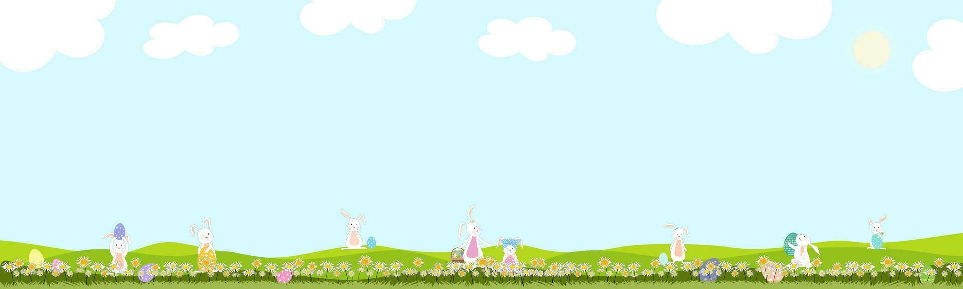 Pasen achtergrond, lente veld- en blauw lucht landschap met konijn jacht- Pasen eieren, vector schattig tekenfilm konijnen in gras veld. voorjaar of zomer tijd banier met kopiëren ruimte voor Pasen groet kaart