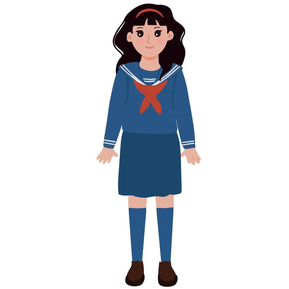 schattig meisje leerling met blauw uniform hand- tekening illustratie vector