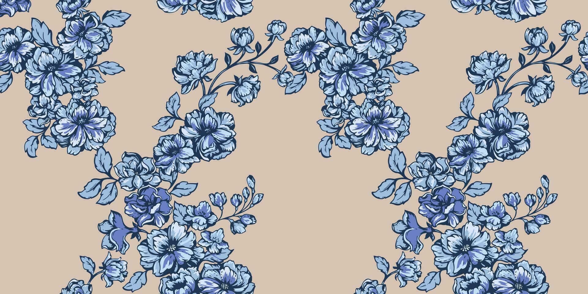 mooi, bloeiend, wijnoogst bloemen patroon in veel soorten van bloemen. abstract, gestileerde botanisch naadloos afdrukken . vector hand- getrokken. blauw bloemen tapijtwerk Aan een beige achtergrond.