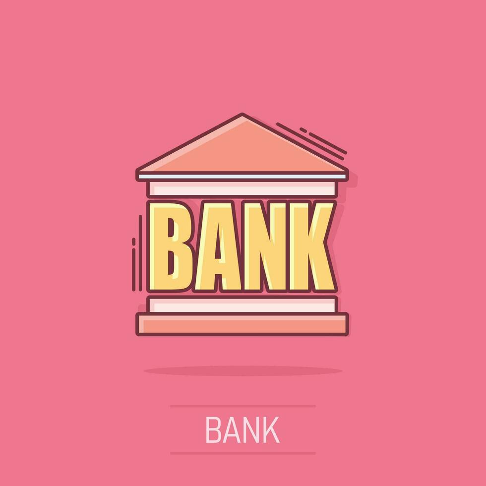 vector tekenfilm bank gebouw icoon in grappig stijl. bank teken illustratie pictogram. gebouw bedrijf plons effect concept.