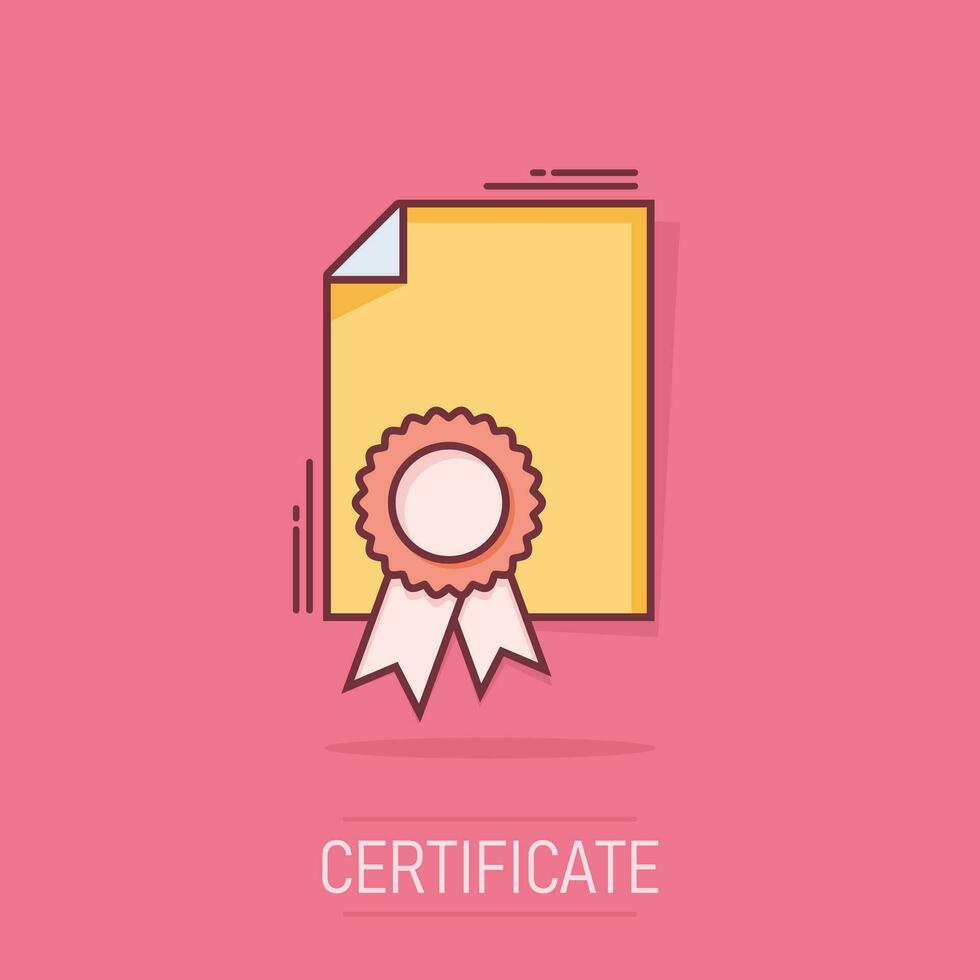 vector tekenfilm certificaat icoon in grappig stijl. diploma teken illustratie pictogram. certificaat document bedrijf plons effect concept.