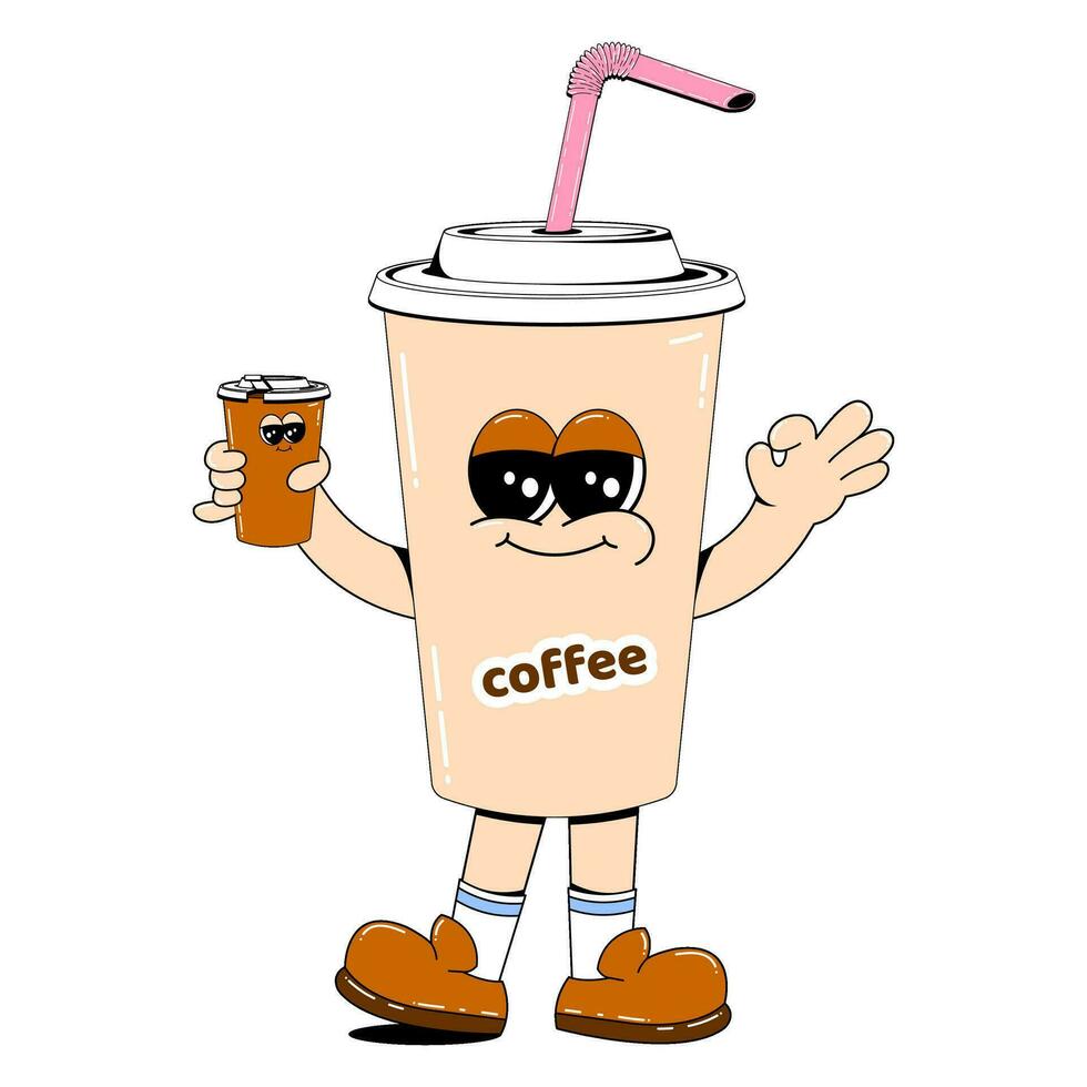 schattig koffie karakter. papier glas met deksel en rietje. een doordrenkt koffie mascotte met armen, poten en een schattig gezicht. vector