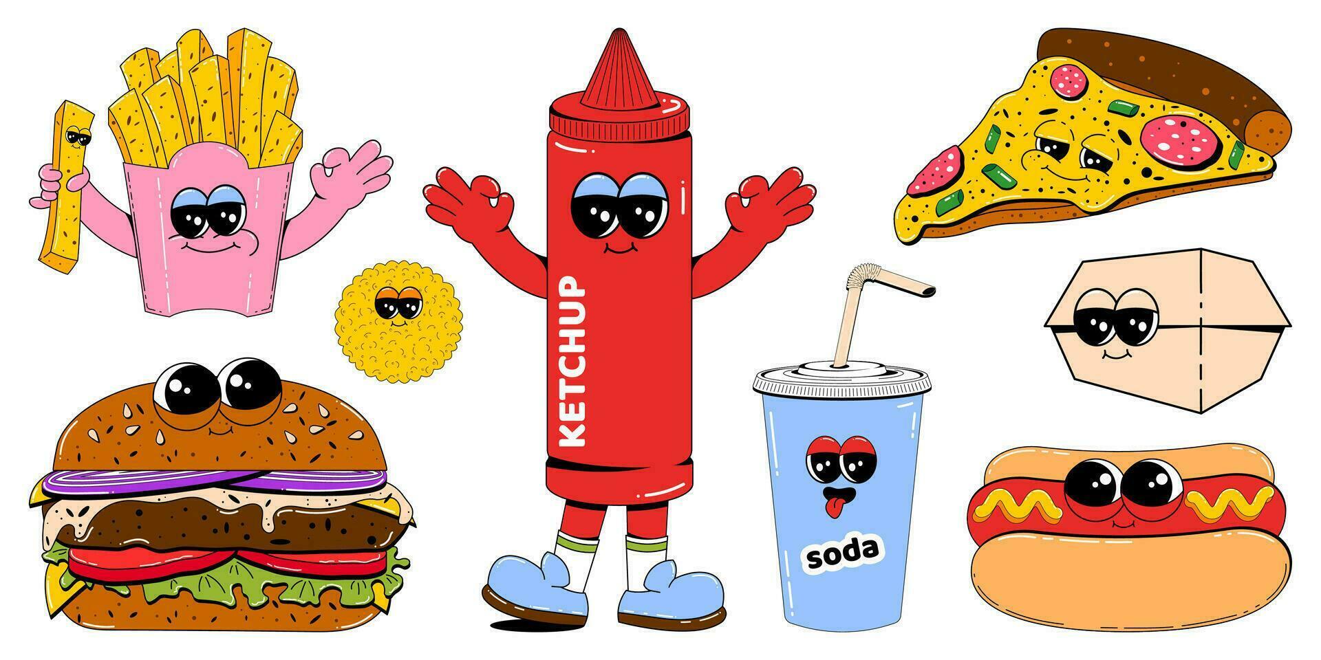 kleurrijk reeks van snel voedsel tekens in retro tekenfilm stijl. vector mascotte illustratie van hamburger, heet hond, Frans Patat, pizza, Frisdrank en andere straat voedsel Aan wit geïsoleerd achtergrond.