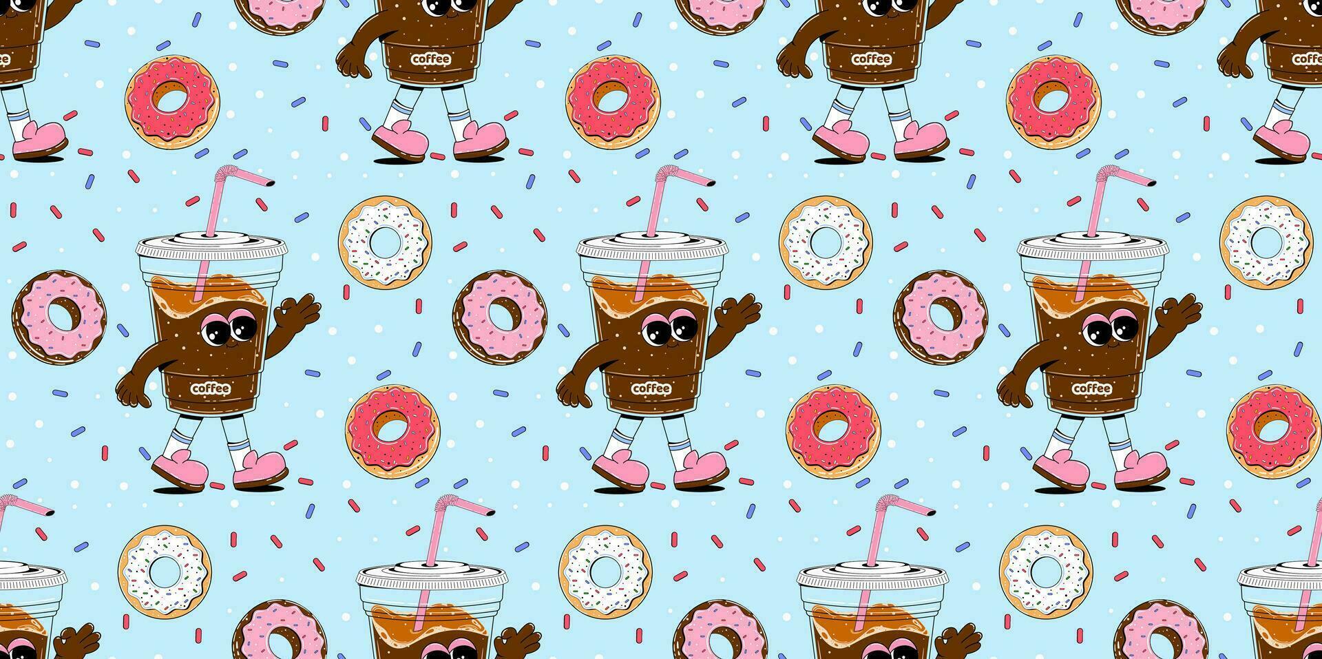 kleurrijk patroon met koffie en donuts karakter in retro tekenfilm stijl. vector naadloos achtergrond in abstract stijl met snoepgoed voor cafés, restaurants, menu's.